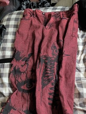 Men's Red Graphic Relaxed Jeans with Black Skeleton Print